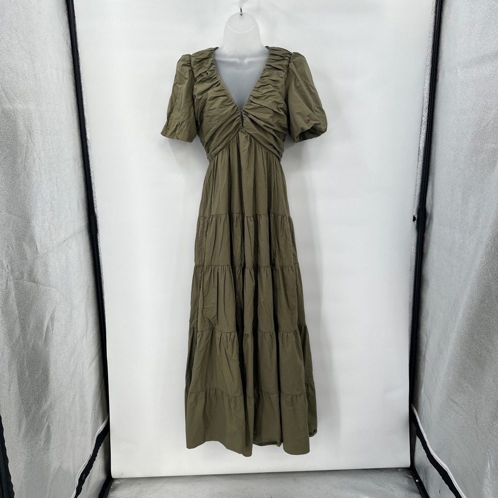 Olive Green Tiered Maxi Dress Small Cottagecore Prairie Boho Puff Sleeve Deep V - Picture 2 of 12